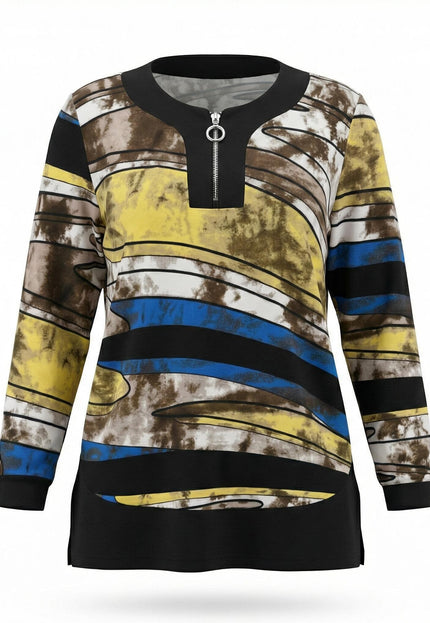 Дълга макси туника в шарен десен с жълти и сини нюанси. Моделът има функционален цип на деколтето и черни маншети, представен отпред на бял фон.