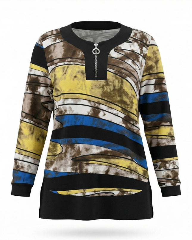 Дълга макси туника в шарен десен с жълти и сини нюанси. Моделът има функционален цип на деколтето и черни маншети, представен отпред на бял фон.