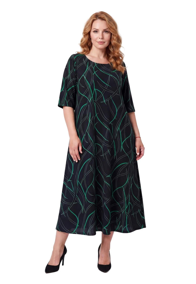 Дълга официална макси рокля с къс ръкав в черен цвят със зелен абстрактен принт, показана в цял ръст отпред на бял фон.