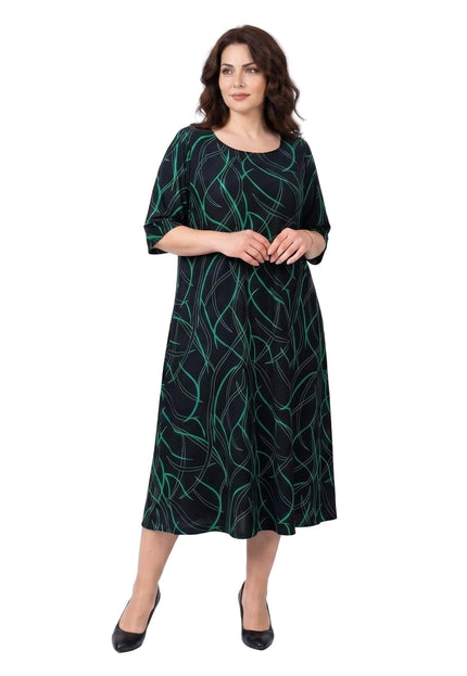 Дълга официална макси рокля с къс ръкав в черно и зелено, представена в цял ръст на бял фон.