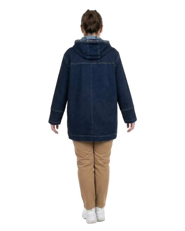 Тъмносиньо макси дънково яке с качулка, показано в изглед отзад. Вижда се декоративният ръб на качулката и удобната кройка на дрехата.