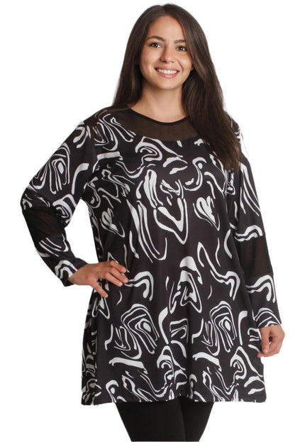 Дамска чернобяла туника с ефектен тюл и разкроена кройка - Maxi Market