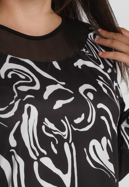 Дамска чернобяла туника с ефектен тюл и разкроена кройка - Maxi Market