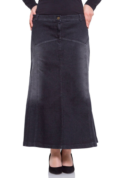 Fustă maxi din denim negru cu nasturi decorativi