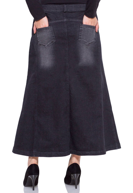 Fustă maxi din denim negru cu nasturi decorativi