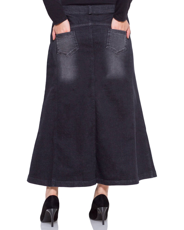 Fustă maxi din denim negru cu nasturi decorativi