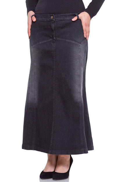 Fustă maxi din denim negru cu nasturi decorativi
