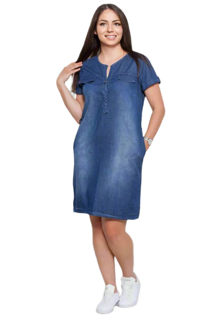 Дамска тъмносиня деним рокля в макси размери - права кройка с V - образно деколте - комфорт и стил - произведено в България - Maxi Market
