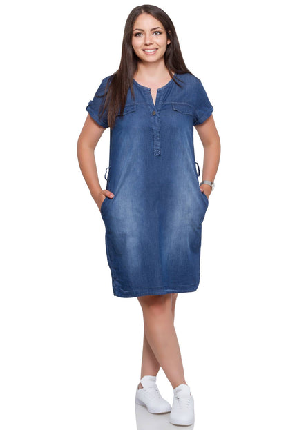 Дамска тъмносиня деним рокля в макси размери - права кройка с V - образно деколте - комфорт и стил - произведено в България - Maxi Market