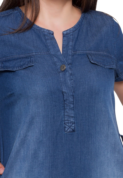 Дамска тъмносиня деним рокля в макси размери - права кройка с V - образно деколте - комфорт и стил - произведено в България - Maxi Market