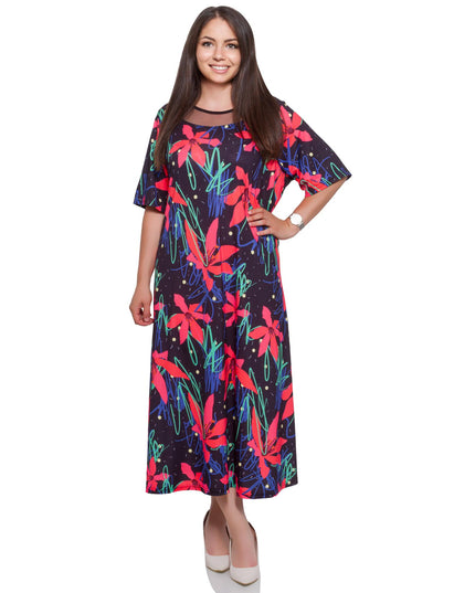 Дамска цветна рокля с флорален десен - макси размери - до глезена - еластична - произведено в България - Maxi Market