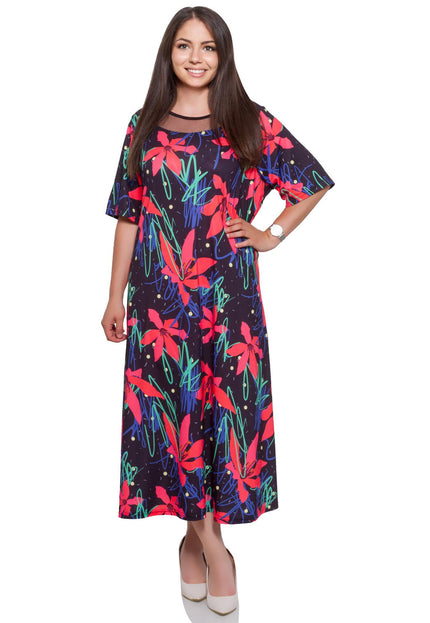 Дамска цветна рокля с флорален десен - макси размери - до глезена - еластична - произведено в България - Maxi Market