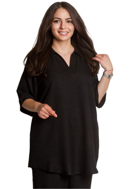 Дамски черен комплект от туника и панталон в големи размери - Maxi Market