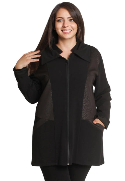 Дамски черен жакет в големи размери с цип и якичка - Maxi Market