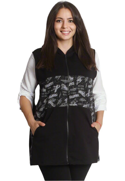 Дамски елек с качулка и джобове в черен цвят - Големи размери - Maxi Market