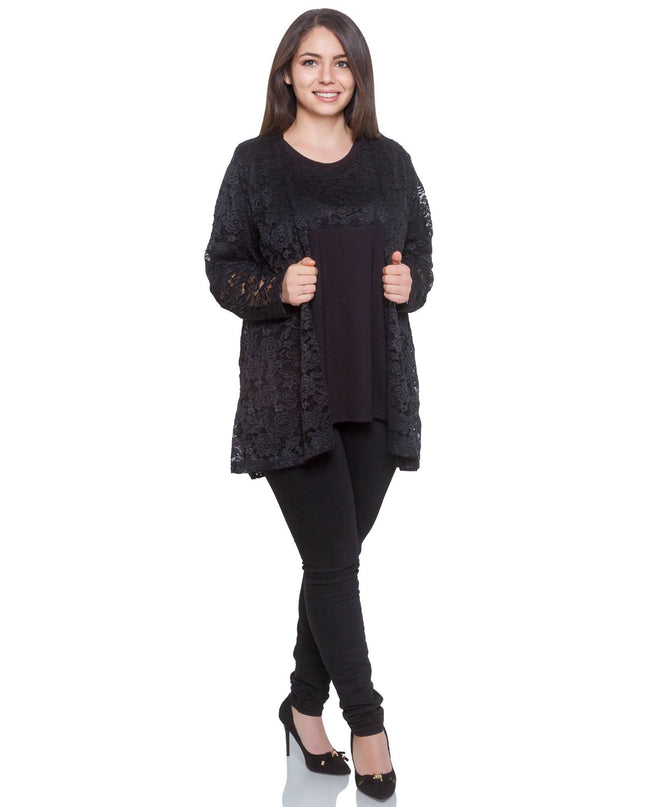 Plus-Size Black Blouse & Lace Jacket Set, Formal Elegant Wear