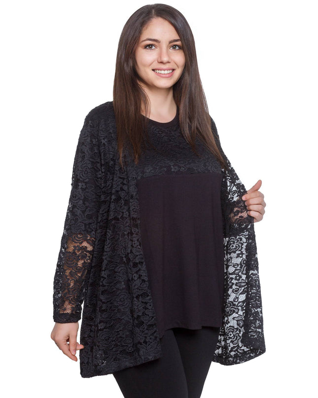 Plus-Size Black Blouse & Lace Jacket Set, Formal Elegant Wear