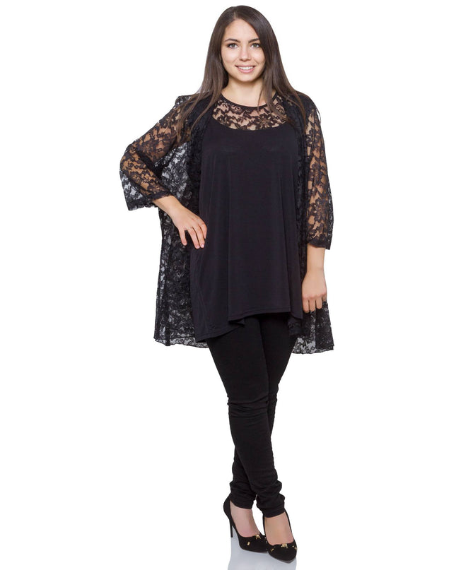 Plus Size Black Lace Tunic & Jacket Set - Formal Floral