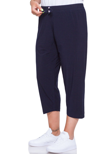 Дамски панталони в макси размери - тъмносини - до коляното - еластични - подходящи за пролет и лято - Maxi Market