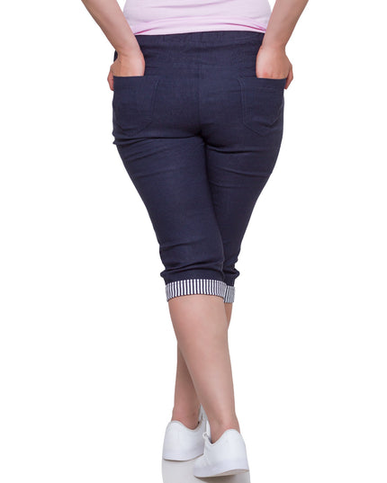 Women's Plus Size Dark Blue Knee-Length Cotton Pants w/ Pockets