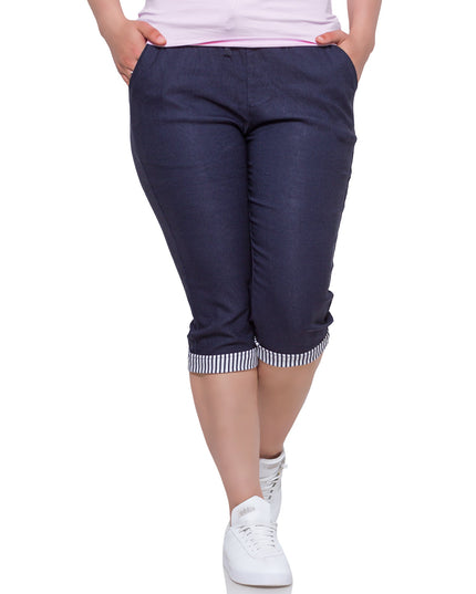 Women's Plus Size Dark Blue Knee-Length Cotton Pants w/ Pockets