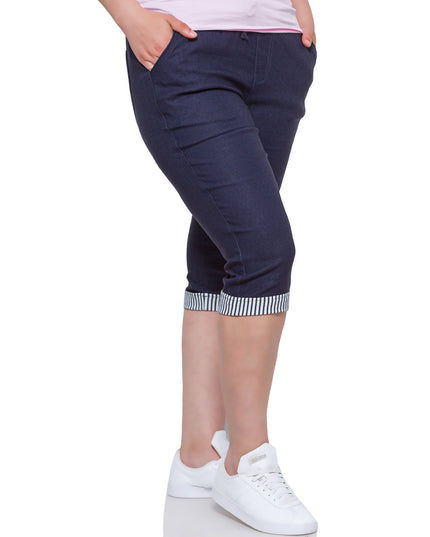 Women's Plus Size Dark Blue Knee-Length Cotton Pants w/ Pockets