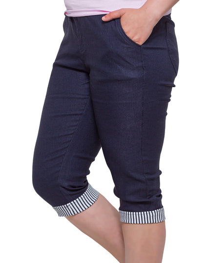 Women's Plus Size Dark Blue Knee-Length Cotton Pants w/ Pockets