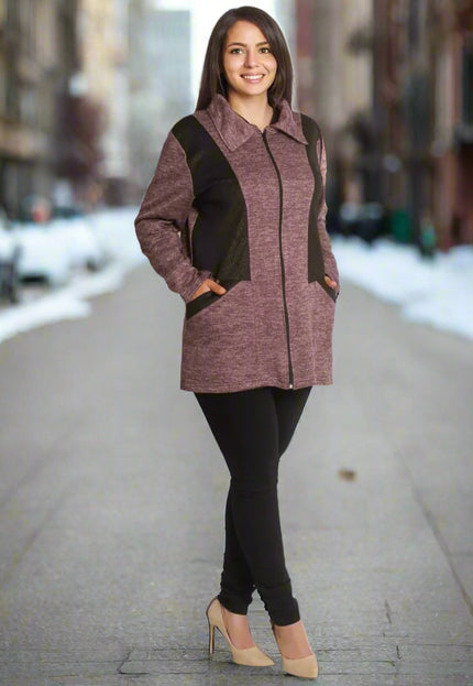 Дамски жакет пепел от рози с цип и джобове - Maxi Market