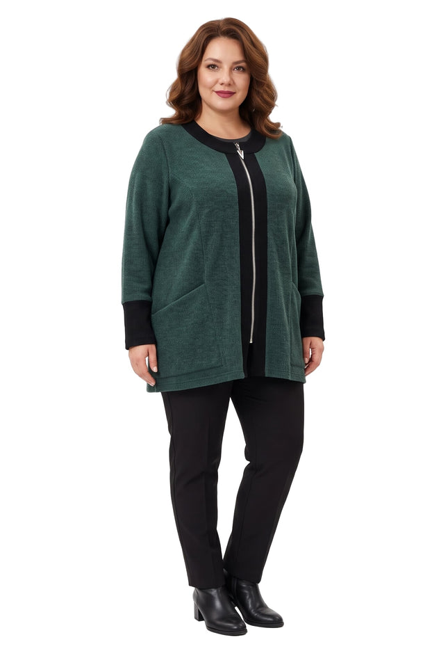 A person models a dark green jacket with black trim, a front zipper, and two lower pockets against a white background.