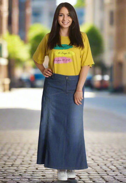 Дълга дънкова пола - Еластична материя - XL, 2XL, 4XL, 5XL, 6XL, 7XL - Пролет - Лято - Maxi Market