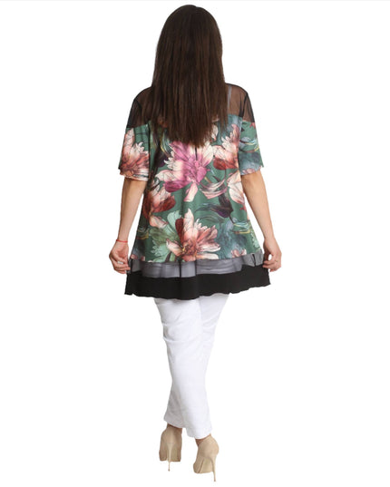 Дълга туника с тюл - Флорален десен - 3XL, 4XL, 5XL, 6XL - Пролет - Лято - Maxi Market
