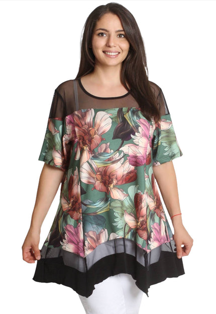 Дълга туника с тюл - Флорален десен - 3XL, 4XL, 5XL, 6XL - Пролет - Лято - Maxi Market