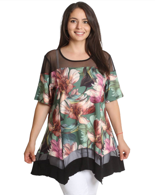 Дълга туника с тюл - Флорален десен - 3XL, 4XL, 5XL, 6XL - Пролет - Лято - Maxi Market