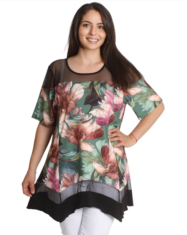 Дълга туника с тюл - Флорален десен - 3XL, 4XL, 5XL, 6XL - Пролет - Лято - Maxi Market