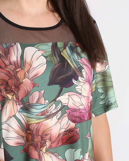 Дълга туника с тюл - Флорален десен - 3XL, 4XL, 5XL, 6XL - Пролет - Лято - Maxi Market