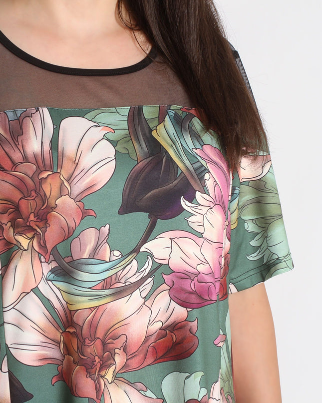 Дълга туника с тюл - Флорален десен - 3XL, 4XL, 5XL, 6XL - Пролет - Лято - Maxi Market