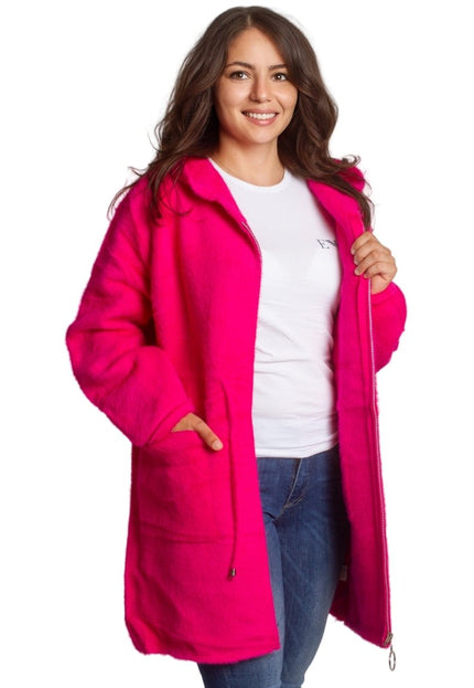 Дълго цикламено яке в големи размери с качулка и джобове - Maxi Market