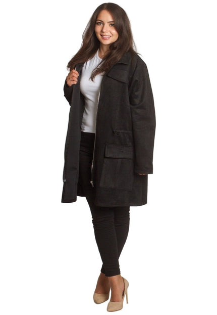 Дълго яке с джобове и връзка на талията в черен цвят - Maxi Market