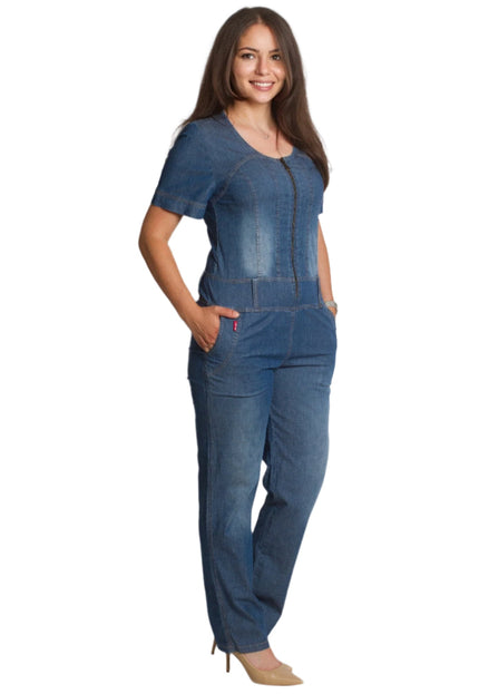 Дънков дамски гащеризон с цип и джобове в големи размери - Maxi Market