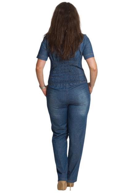 Дънков дамски гащеризон с цип и джобове в големи размери - Maxi Market