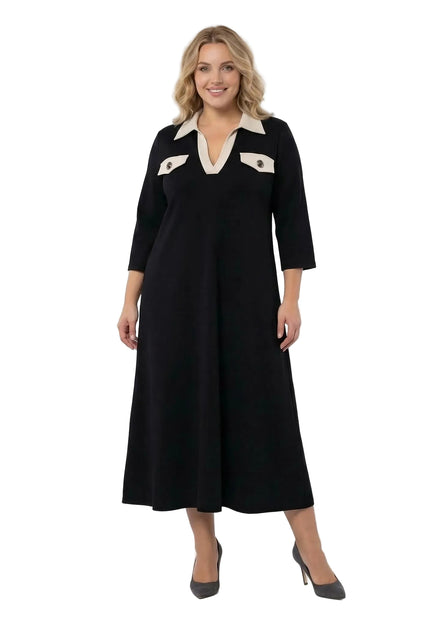 Черна официална макси рокля големи размери с контрастна яка