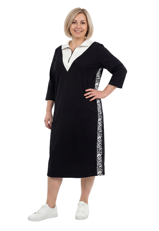 Черна спортно елегантна макси рокля с цип и ефектни странични ленти