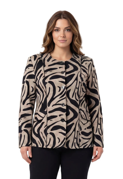 Официално дамско макси сако в бежово с ефектен десен и обло деколте