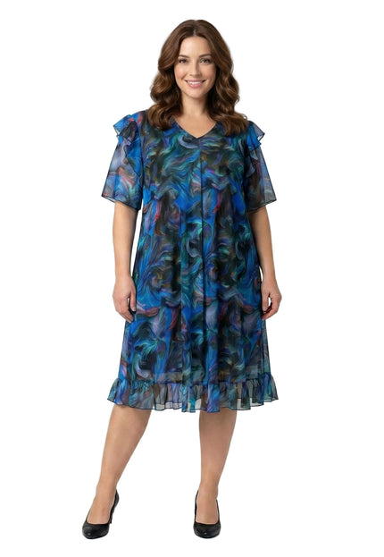 Шарена официална рокля големи размери с ефектен ръкав и шифон