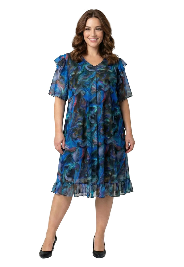 Шарена официална рокля големи размери с ефектен ръкав и шифон