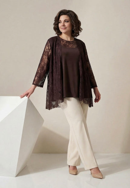 Официален кафяв дамски сет от две части с флорална дантела големи размери