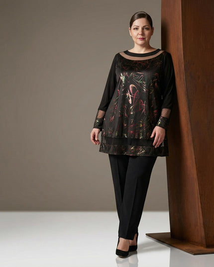 Официална туника с тюл и акценти от еко кожа в черно