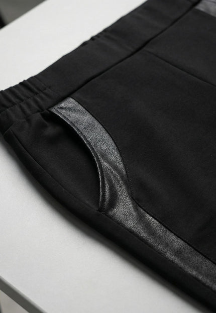 Pantaloni negri office cu bandă laterală din piele ecologică, mărimi mari