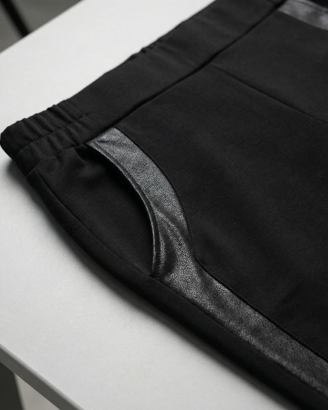 Pantaloni negri office cu bandă laterală din piele ecologică, mărimi mari