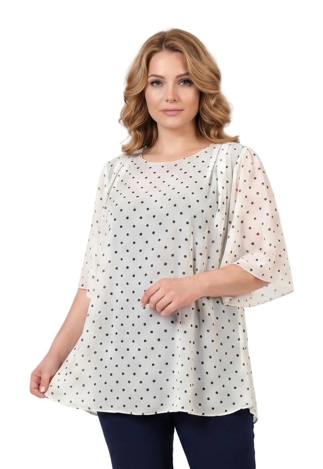 Официална бяла макси туника на черни точки от шифон